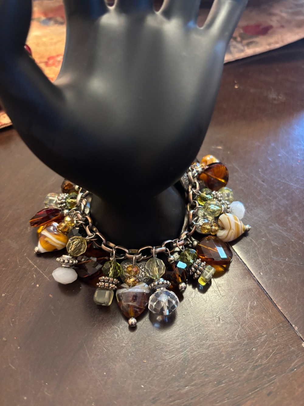 Artisan Amber & Olive Glass Bead Charm Bracelet